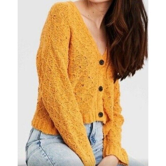 American Eagle Mustard  Yellow Button Up Cardigan Sweater Cropped XSmall - Picture 1 of 11